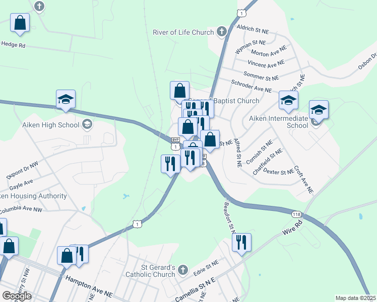 map of restaurants, bars, coffee shops, grocery stores, and more near 449 Rutland Drive in Aiken