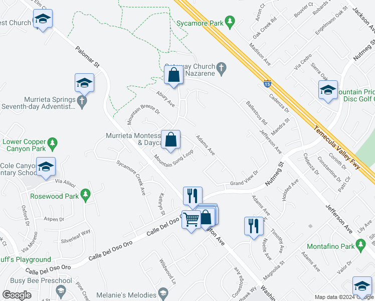 map of restaurants, bars, coffee shops, grocery stores, and more near 23360 Mountain Song Loop in Murrieta