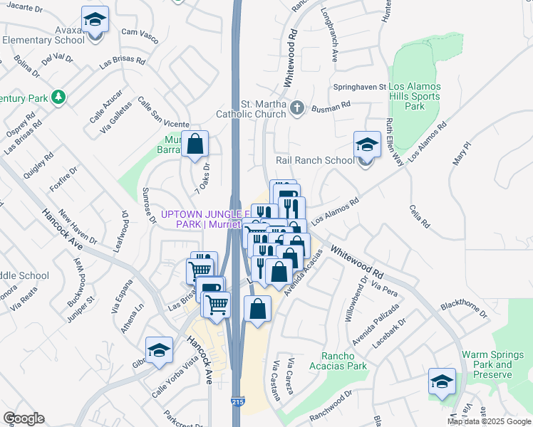 map of restaurants, bars, coffee shops, grocery stores, and more near 24905 Whitewood Road in Murrieta