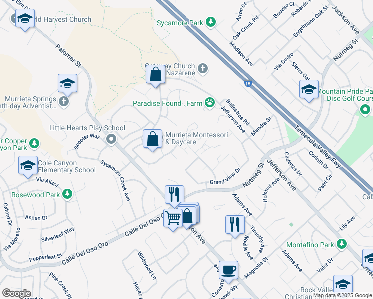 map of restaurants, bars, coffee shops, grocery stores, and more near 41897 Black Mountain Trail in Murrieta