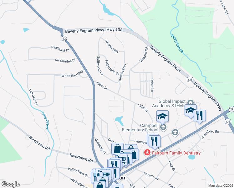 map of restaurants, bars, coffee shops, grocery stores, and more near 270 Elder Street in Fairburn