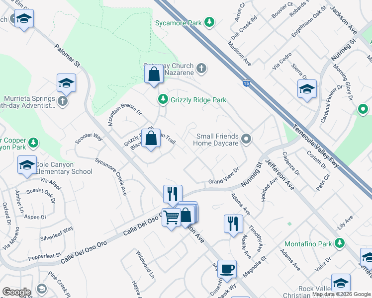 map of restaurants, bars, coffee shops, grocery stores, and more near 41897 Black Mountain Trail in Murrieta