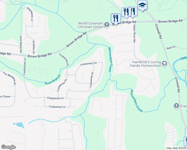 map of restaurants, bars, coffee shops, grocery stores, and more near 200 Trelawney Drive in Covington