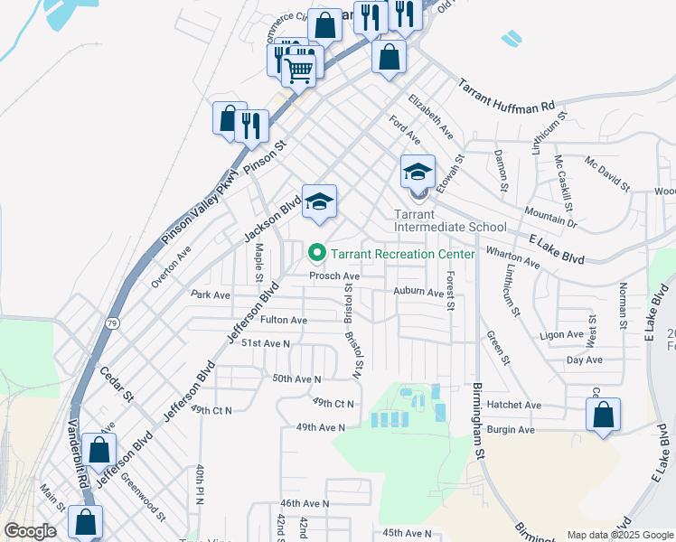 map of restaurants, bars, coffee shops, grocery stores, and more near 1352 Prosch Avenue in Birmingham
