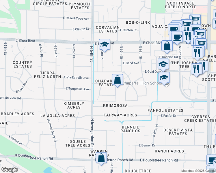 map of restaurants, bars, coffee shops, grocery stores, and more near 9818 North 65th Place in Paradise Valley