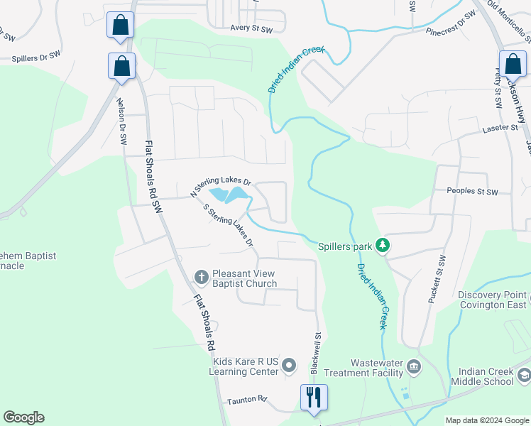 map of restaurants, bars, coffee shops, grocery stores, and more near 8320 North Sterling Lakes Drive in Covington