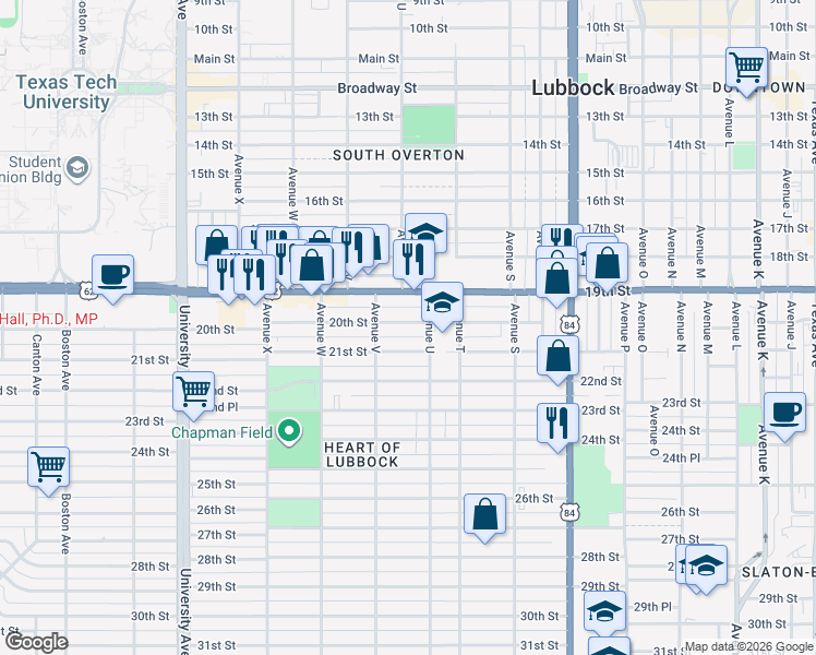 map of restaurants, bars, coffee shops, grocery stores, and more near 2109 20th Street in Lubbock