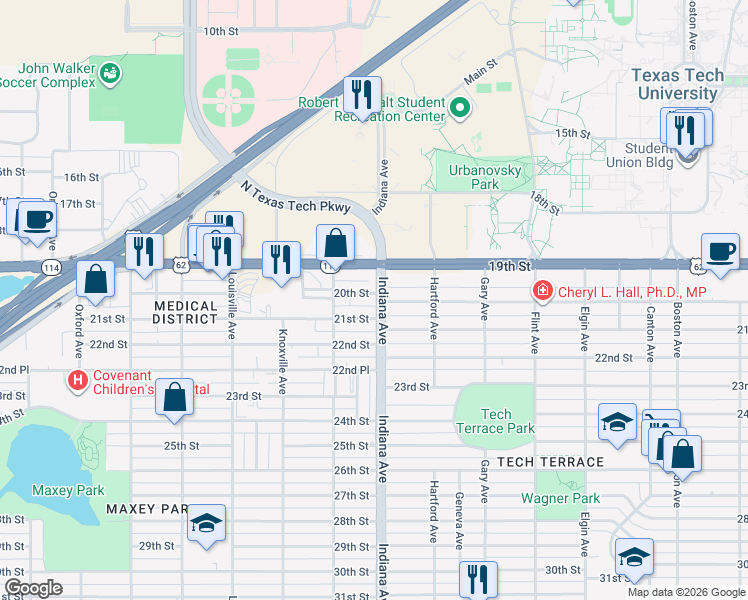 map of restaurants, bars, coffee shops, grocery stores, and more near 3324 21st Street in Lubbock