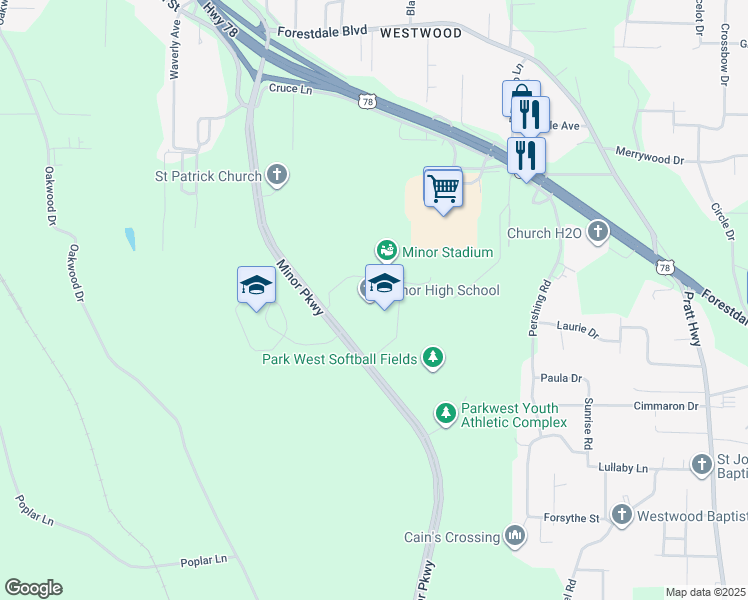 map of restaurants, bars, coffee shops, grocery stores, and more near 2285 Minor Parkway in Adamsville