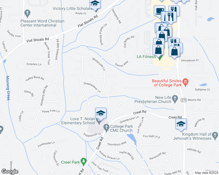 map of restaurants, bars, coffee shops, grocery stores, and more near 720 Butterfield Court in College Park