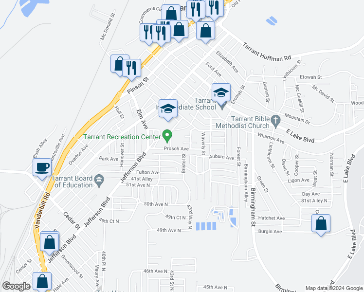 map of restaurants, bars, coffee shops, grocery stores, and more near 1360 Prosch Avenue in Birmingham