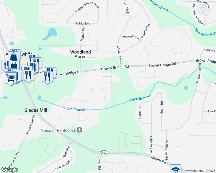 map of restaurants, bars, coffee shops, grocery stores, and more near 45 Bonito Trail in Covington