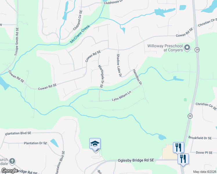 map of restaurants, bars, coffee shops, grocery stores, and more near 3828 Martingale Drive Southeast in Conyers
