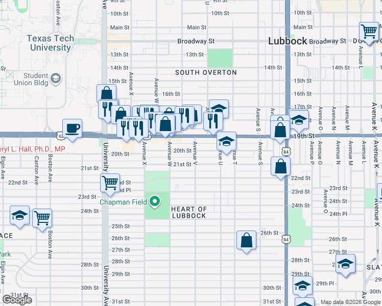 map of restaurants, bars, coffee shops, grocery stores, and more near 2014 Avenue V in Lubbock