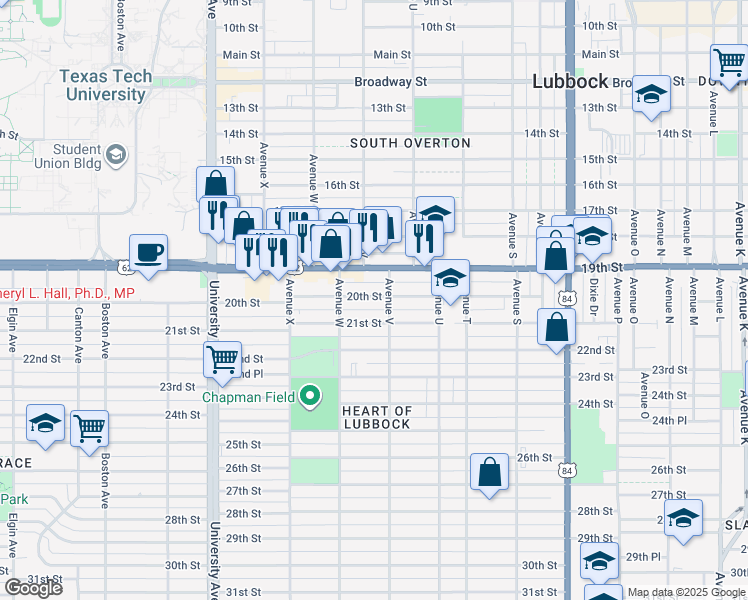 map of restaurants, bars, coffee shops, grocery stores, and more near 2014 Avenue V in Lubbock