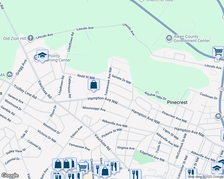map of restaurants, bars, coffee shops, grocery stores, and more near 1387 President Drive Northwest in Aiken