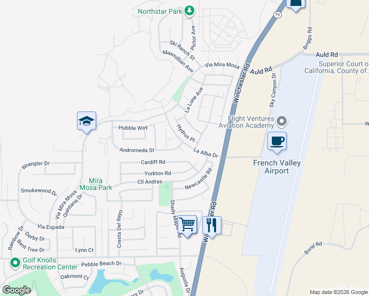 map of restaurants, bars, coffee shops, grocery stores, and more near 29858 Adara Lane in Murrieta