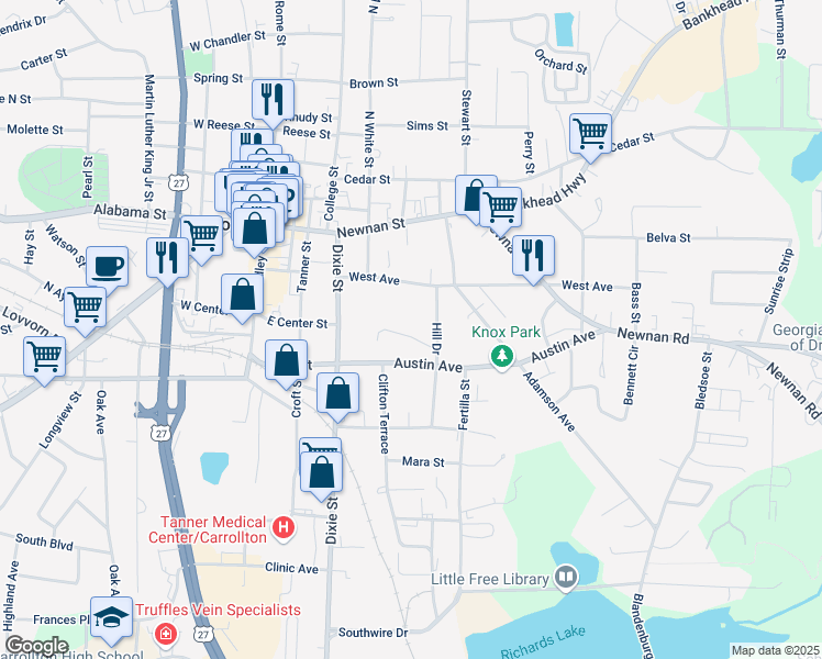 map of restaurants, bars, coffee shops, grocery stores, and more near 99 Tillman Drive in Carrollton