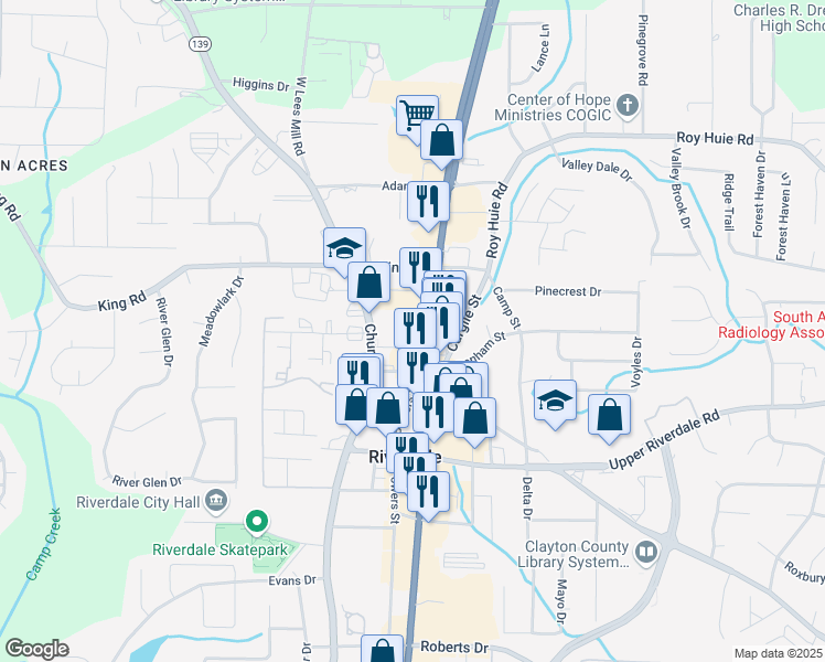 map of restaurants, bars, coffee shops, grocery stores, and more near 6541 Georgia 85 in Riverdale