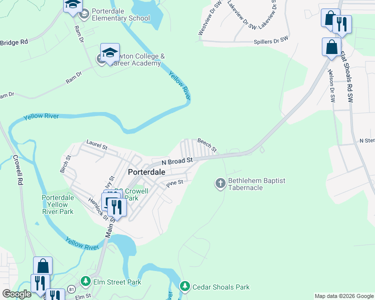 map of restaurants, bars, coffee shops, grocery stores, and more near 1 Spruce Street in Porterdale