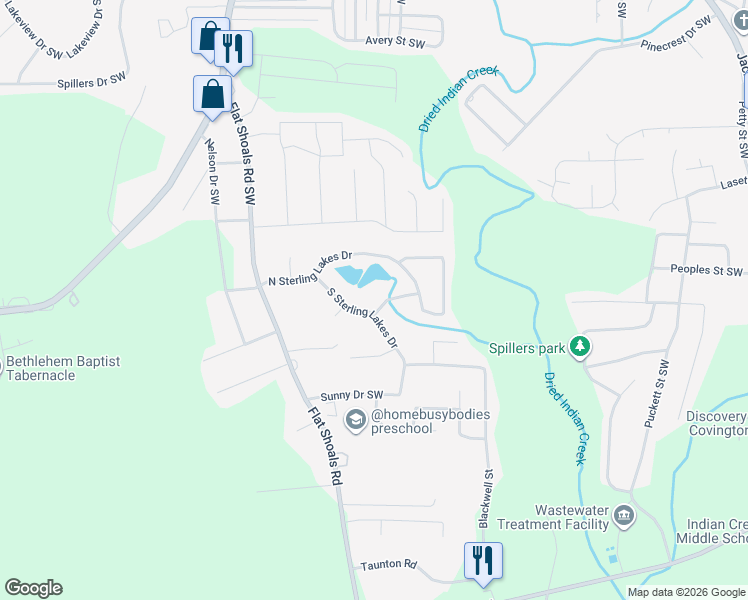 map of restaurants, bars, coffee shops, grocery stores, and more near 9135 South Sterling Lakes Drive in Covington