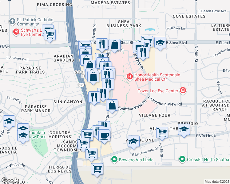 map of restaurants, bars, coffee shops, grocery stores, and more near 9999 North 90th Street in Scottsdale