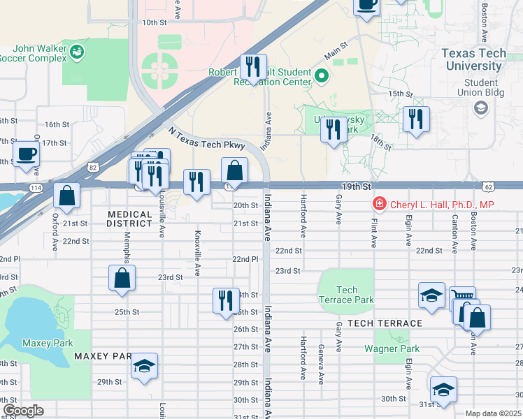 map of restaurants, bars, coffee shops, grocery stores, and more near 3324 21st Street in Lubbock