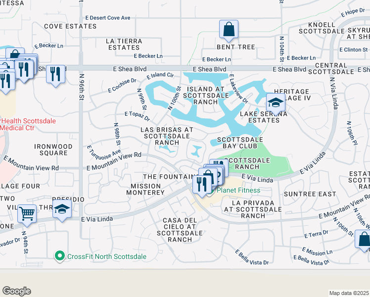 map of restaurants, bars, coffee shops, grocery stores, and more near 9865 North 101st Street in Scottsdale