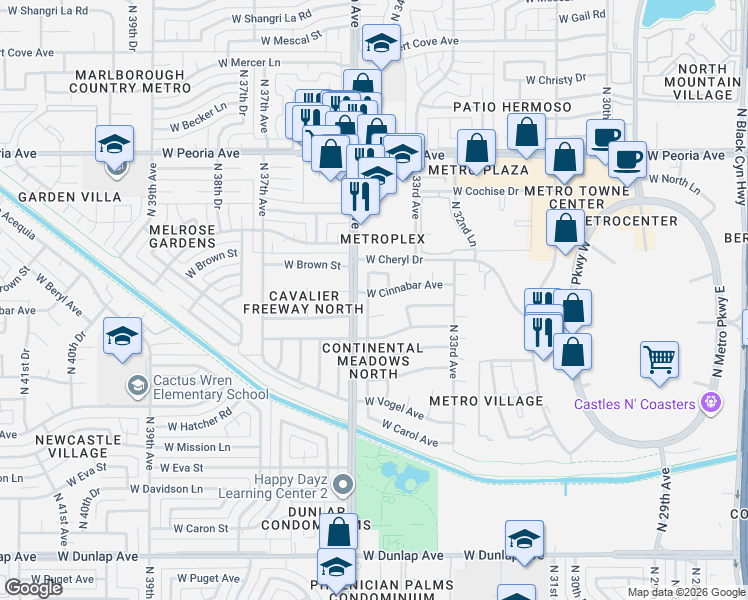 map of restaurants, bars, coffee shops, grocery stores, and more near 9838 North 34th Lane in Phoenix