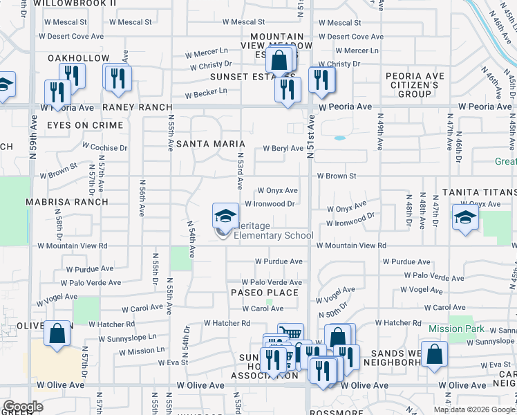 map of restaurants, bars, coffee shops, grocery stores, and more near 5220 West Cinnabar Avenue in Glendale