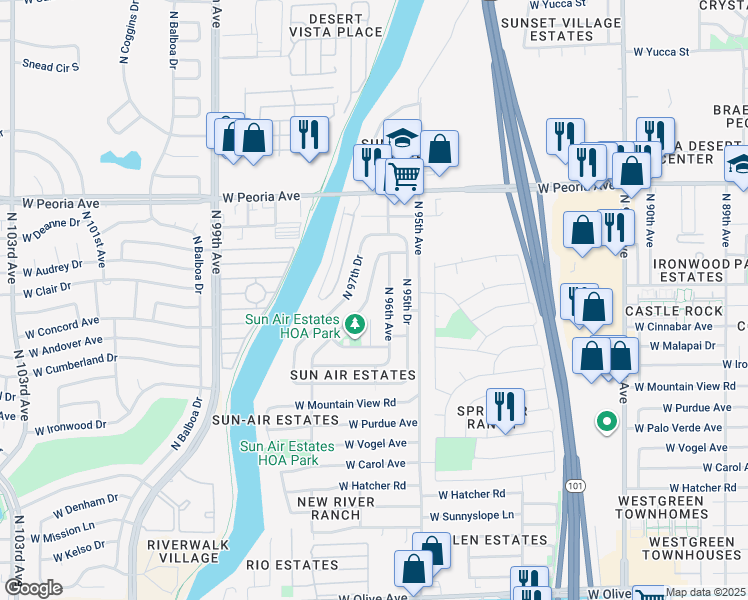 map of restaurants, bars, coffee shops, grocery stores, and more near 10128 North 96th Drive in Peoria