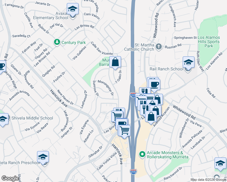 map of restaurants, bars, coffee shops, grocery stores, and more near 24746 Morningstar Drive in Murrieta