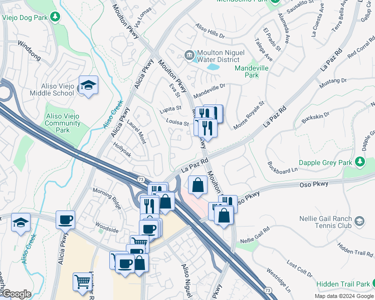 map of restaurants, bars, coffee shops, grocery stores, and more near 24392 Acaso in Laguna Hills