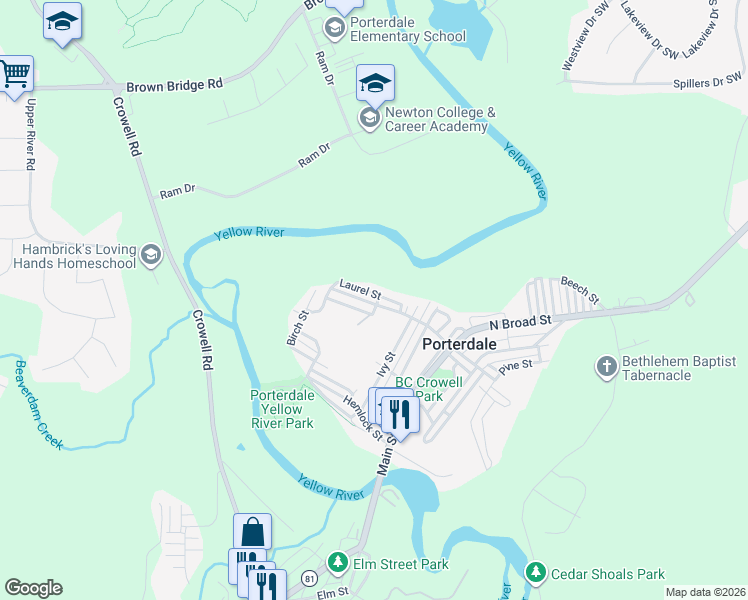 map of restaurants, bars, coffee shops, grocery stores, and more near 6 Mulberry Street in Porterdale