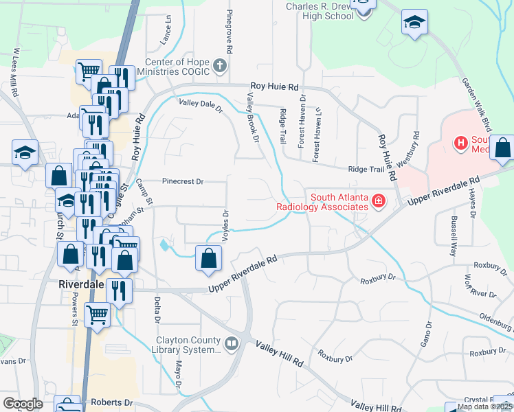 map of restaurants, bars, coffee shops, grocery stores, and more near 366 River Oak Drive in Riverdale