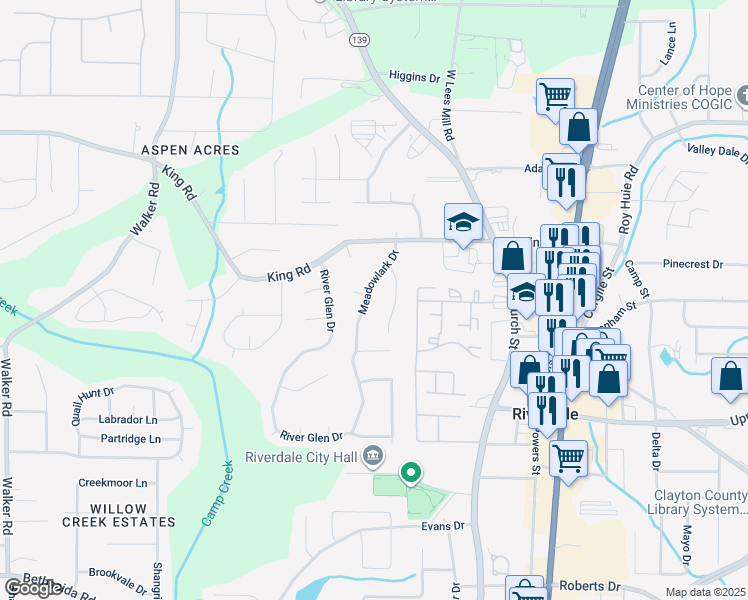 map of restaurants, bars, coffee shops, grocery stores, and more near 6575 Wild Turkey Trail in Riverdale