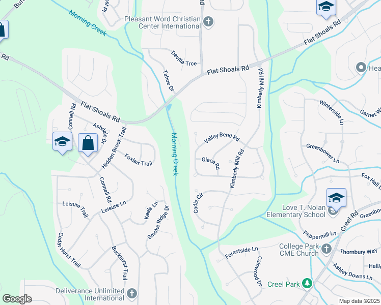 map of restaurants, bars, coffee shops, grocery stores, and more near 3250 Valley Bend Road in Atlanta