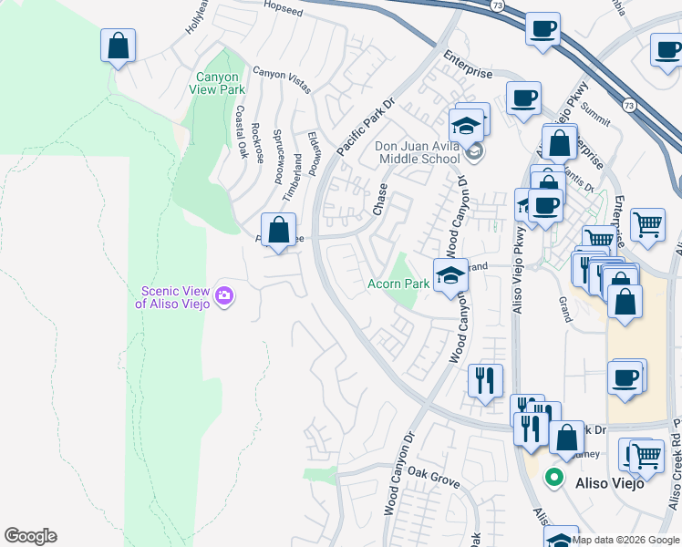 map of restaurants, bars, coffee shops, grocery stores, and more near 2 Oak Ridge Circle in Aliso Viejo