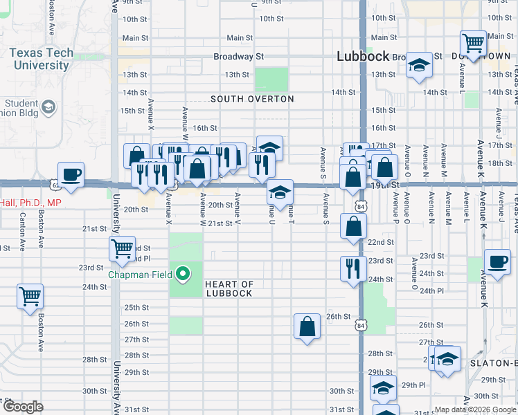 map of restaurants, bars, coffee shops, grocery stores, and more near 2114 21st Street in Lubbock