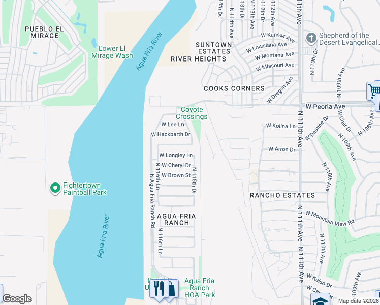 map of restaurants, bars, coffee shops, grocery stores, and more near 11542 West Cheryl Drive in Youngtown