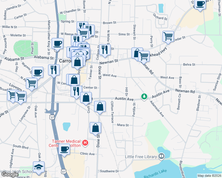 map of restaurants, bars, coffee shops, grocery stores, and more near 124 Austin Avenue in Carrollton