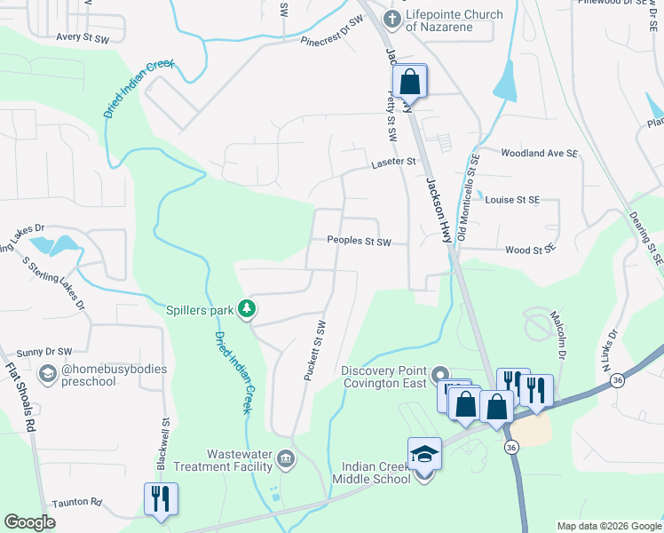 map of restaurants, bars, coffee shops, grocery stores, and more near 8163 Puckett Street Southwest in Covington