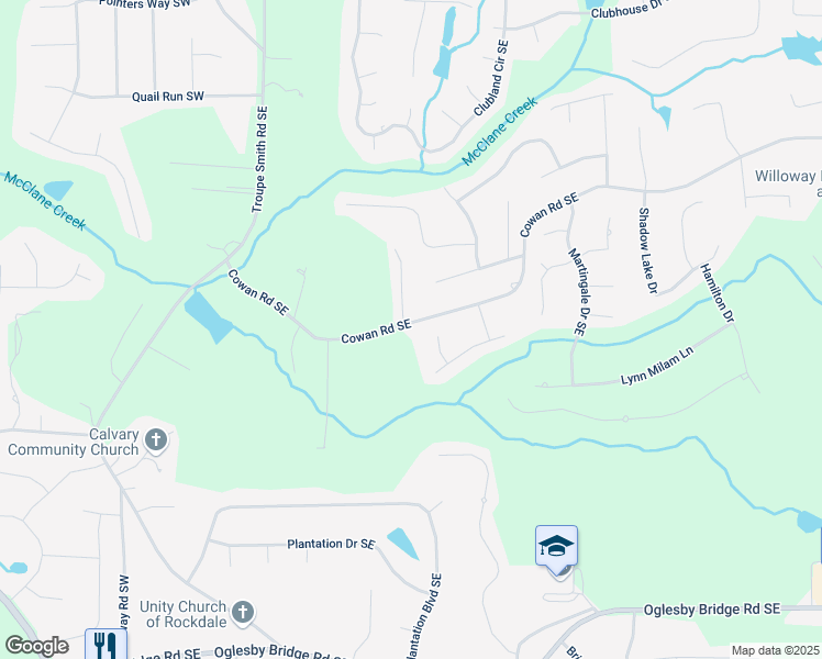 map of restaurants, bars, coffee shops, grocery stores, and more near 309 Cowan Road Southeast in Conyers
