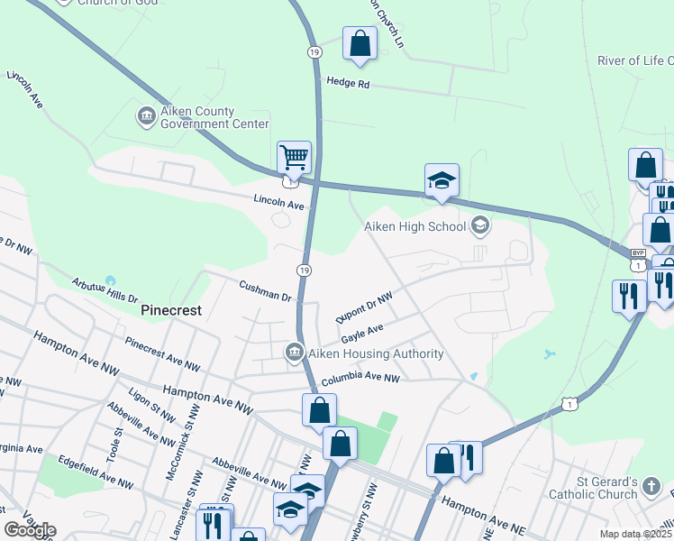 map of restaurants, bars, coffee shops, grocery stores, and more near 830 Laurens Street Northwest in Aiken