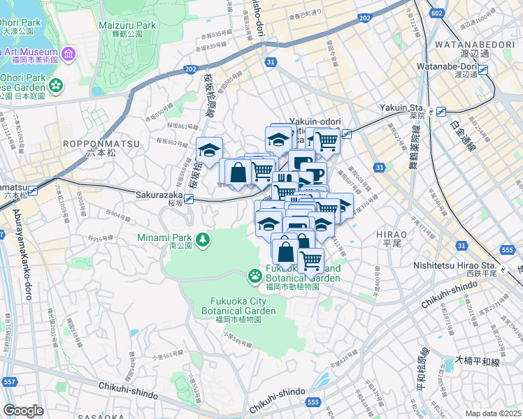 map of restaurants, bars, coffee shops, grocery stores, and more near  in Fukuoka