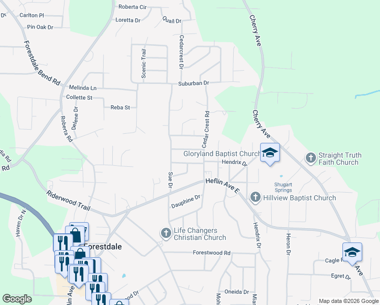 map of restaurants, bars, coffee shops, grocery stores, and more near 716 Comanche Lane in Birmingham