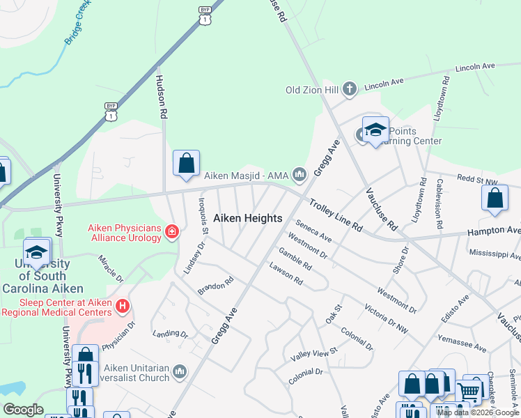 map of restaurants, bars, coffee shops, grocery stores, and more near 426 Kennebec Street in Aiken