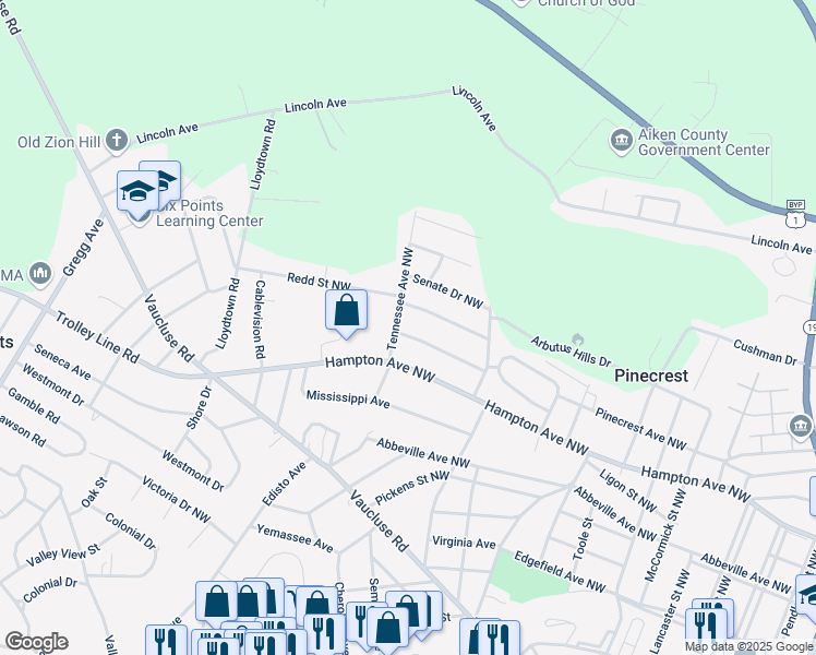 map of restaurants, bars, coffee shops, grocery stores, and more near 1387 President Drive Northwest in Aiken