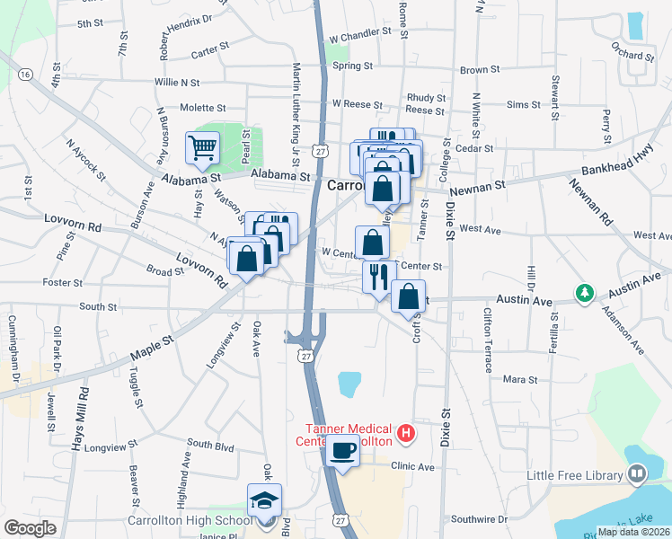map of restaurants, bars, coffee shops, grocery stores, and more near 455 Bradley Street in Carrollton