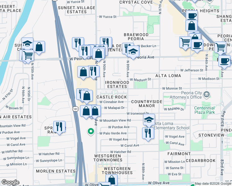map of restaurants, bars, coffee shops, grocery stores, and more near 8954 West Monroe Street in Peoria